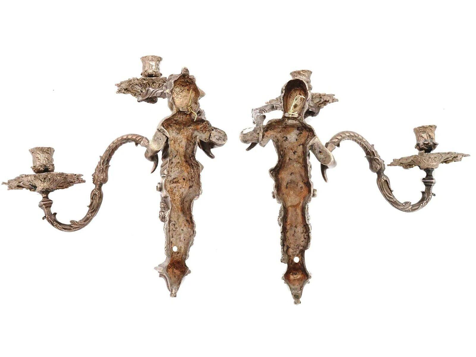 Pair 19th Century French Silvered Bronze Sconces Style of Andre Charles Boulle For Sale 1