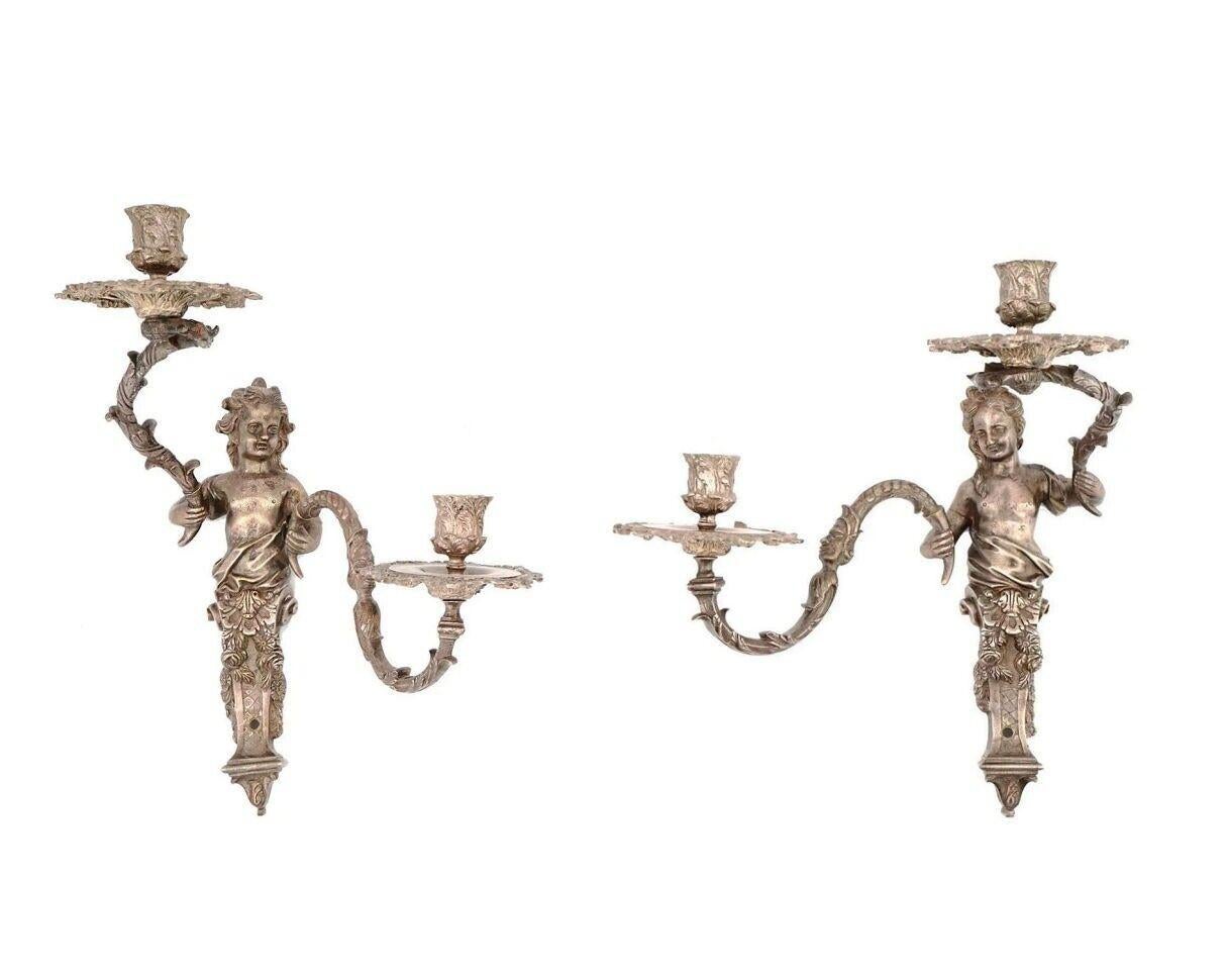 Pair 19th Century French Silvered Bronze Sconces Style of Andre Charles Boulle For Sale 2