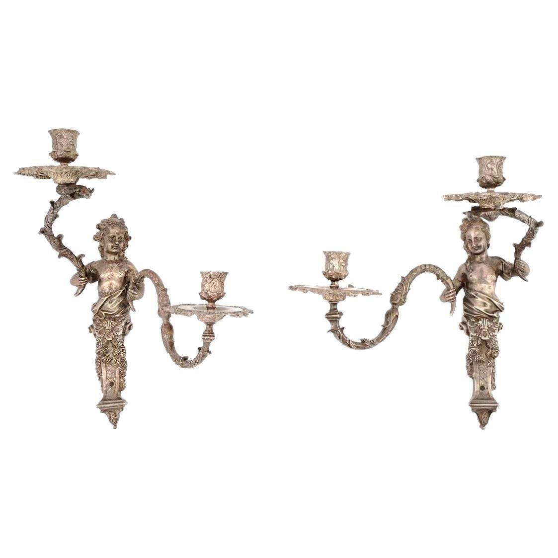 Pair 19th Century French Silvered Bronze Sconces Style of Andre Charles Boulle