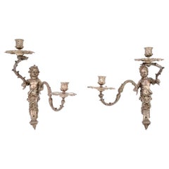 Antique Pair 19th Century French Silvered Bronze Sconces Style of Andre Charles Boulle