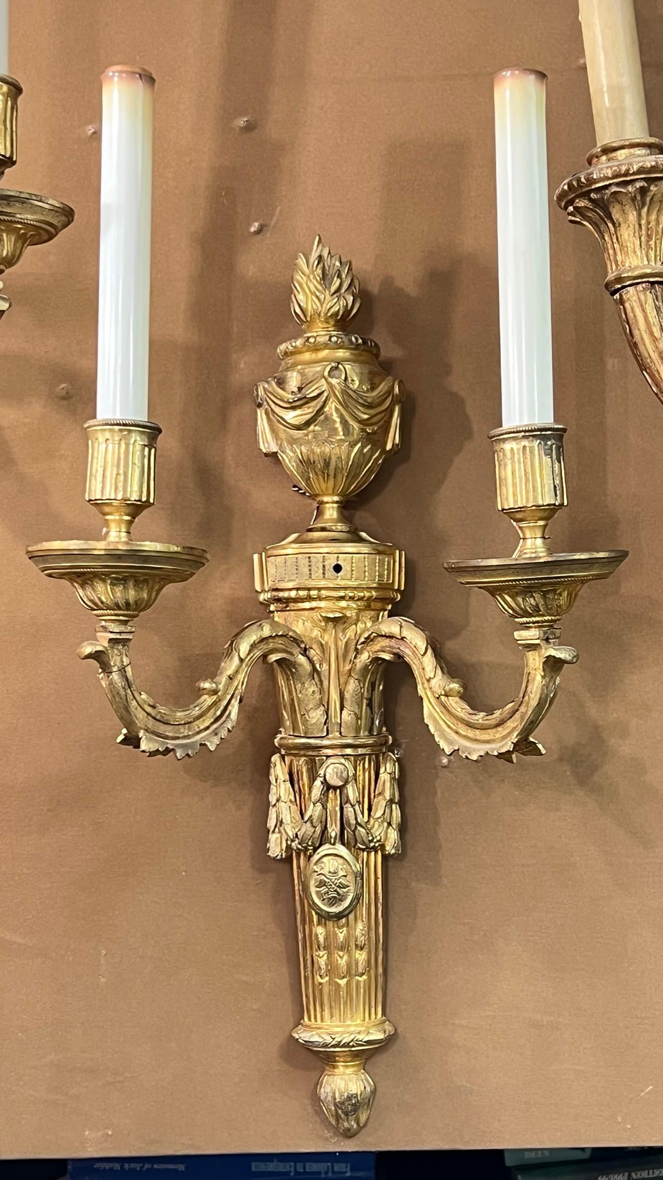 Pair 19th Century French Torch Form Two-Light Sconces in Louis XVI Style In Good Condition For Sale In New York, NY