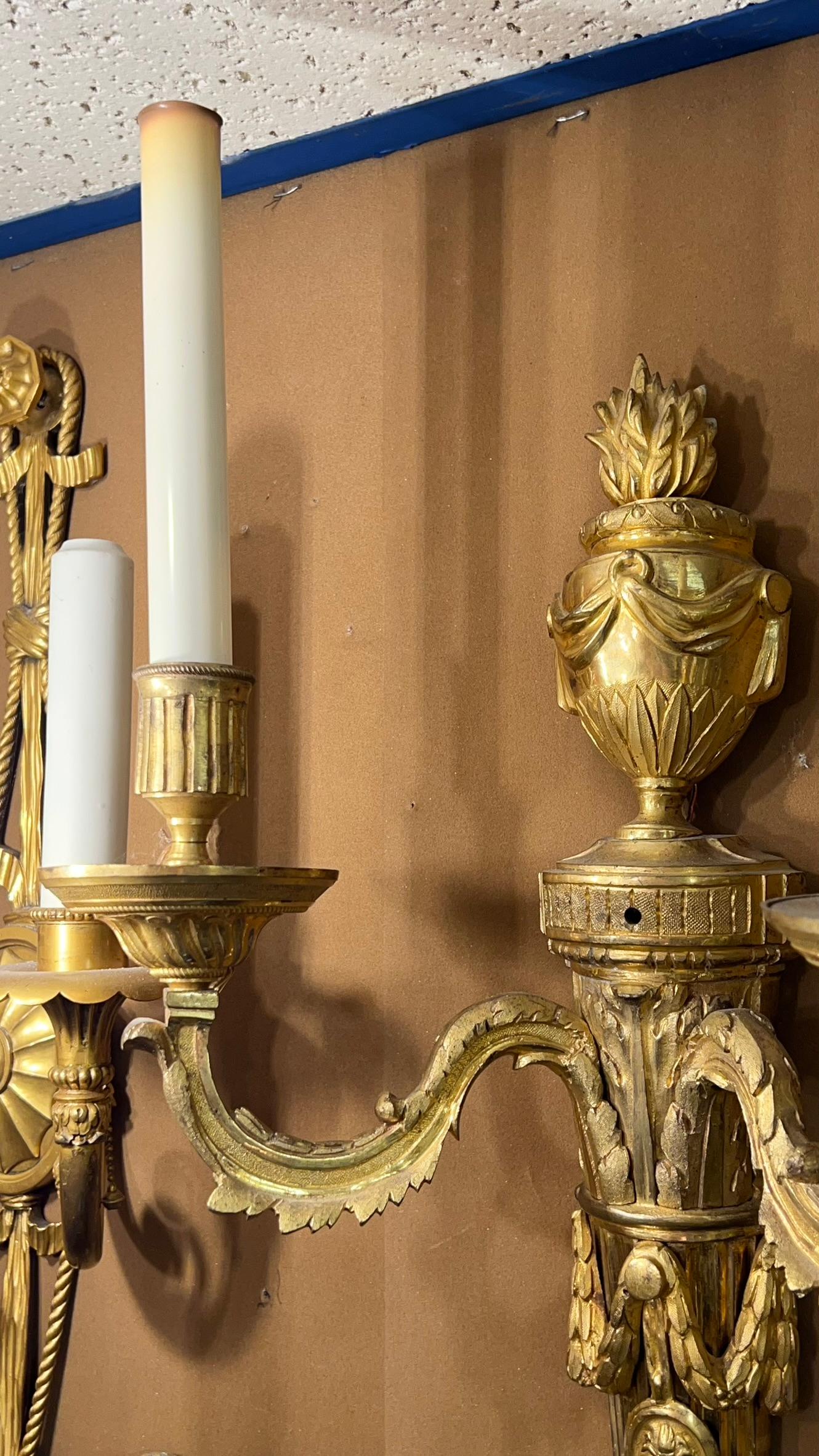 Pair 19th Century French Torch Form Two-Light Sconces in Louis XVI Style For Sale 1