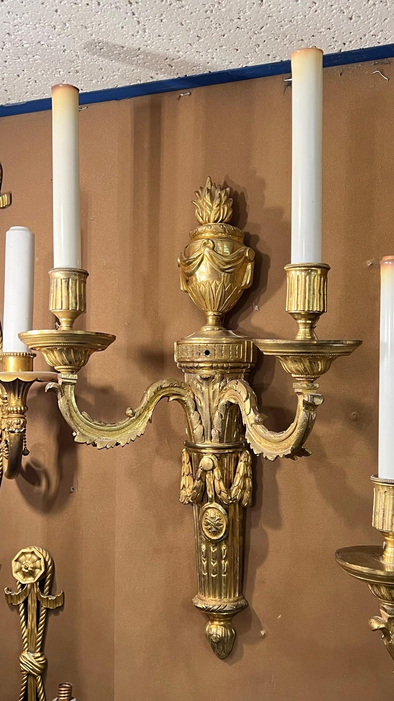 Pair 19th Century French Torch Form Two-Light Sconces in Louis XVI Style For Sale 3
