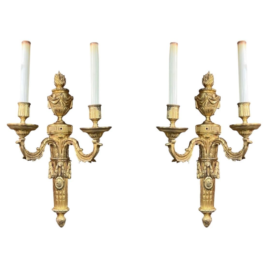 Pair 19th Century French Torch Form Two-Light Sconces in Louis XVI Style