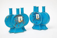 Pair 19th Century French Turquoise Triple Holder Vases, Modified Moon Shape
