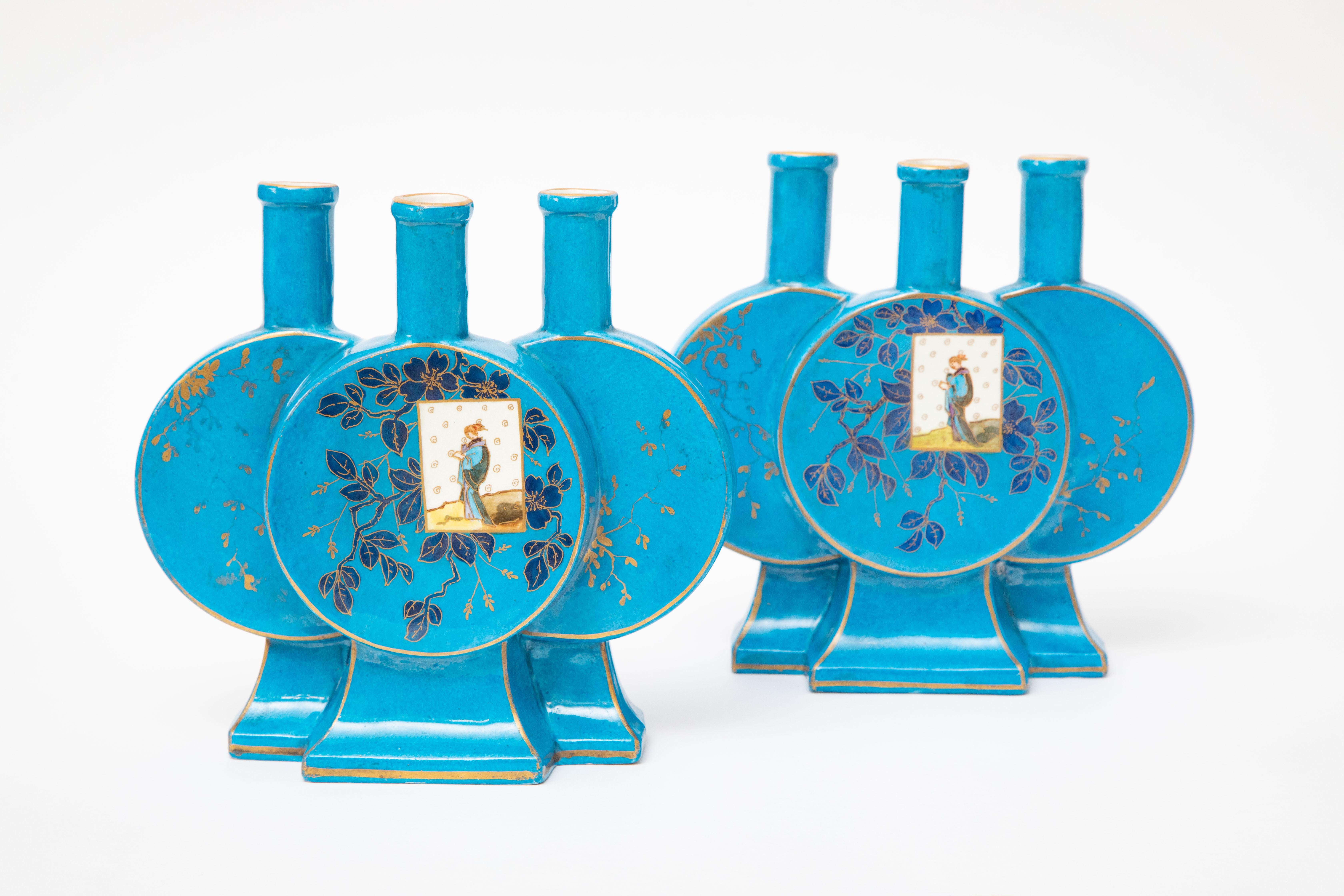 Chinoiserie Pair 19th Century French Turquoise Triple Holder Vases, Modified Moon Shape