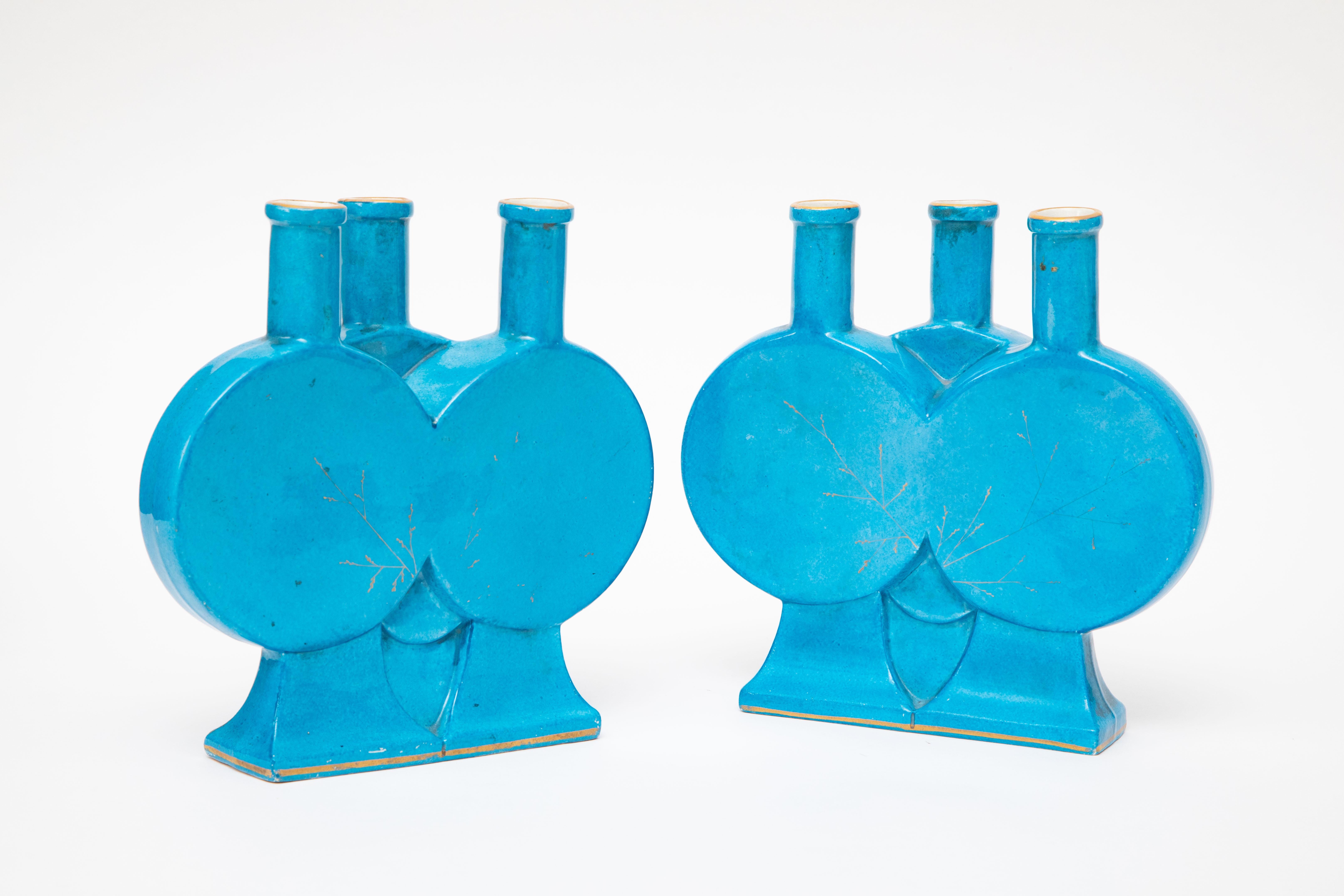 Pair 19th Century French Turquoise Triple Holder Vases, Modified Moon Shape In Good Condition In West Palm Beach, FL