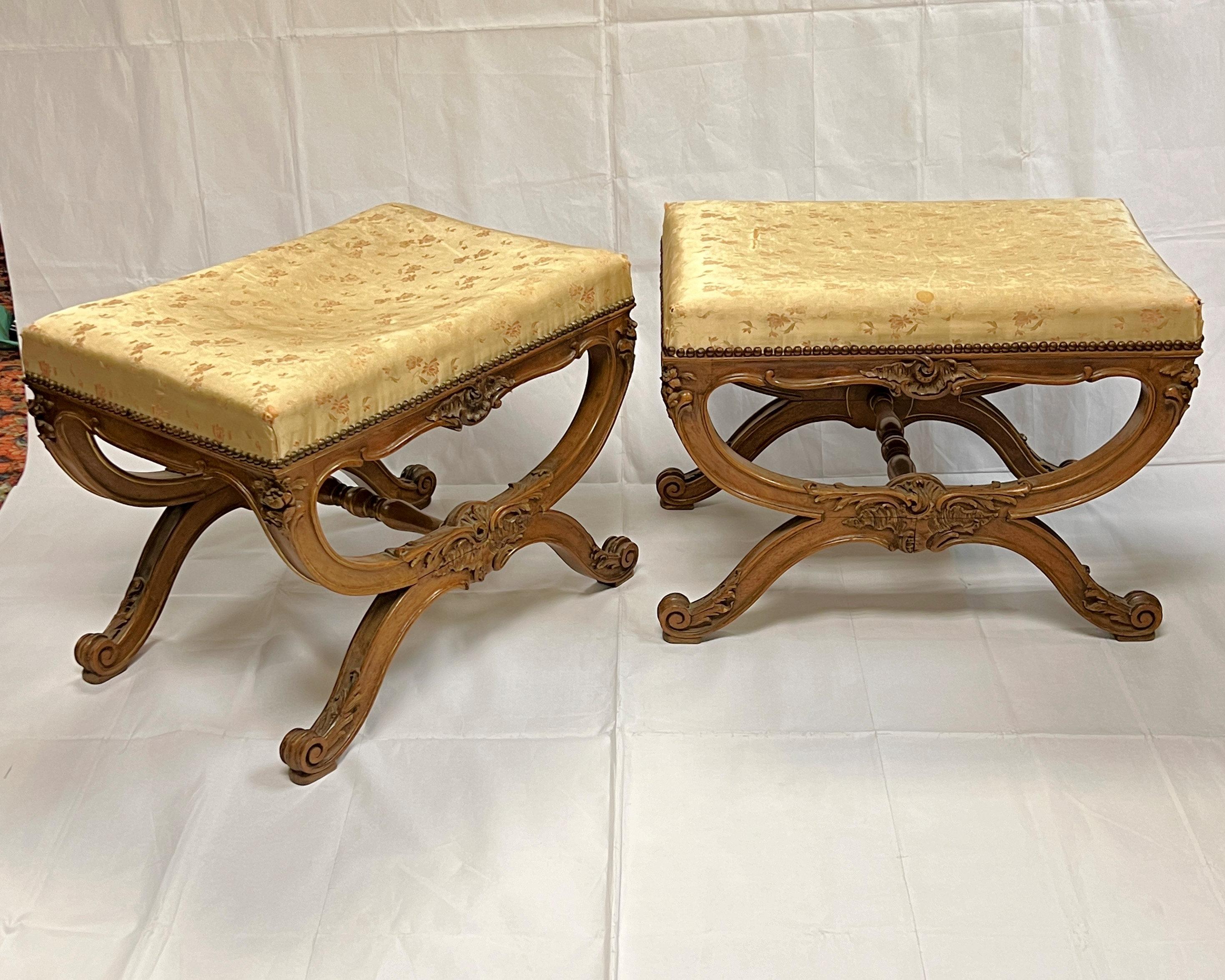 Hand-Carved Pair 19th century French Upholstered Footstools in the Louis XV Style