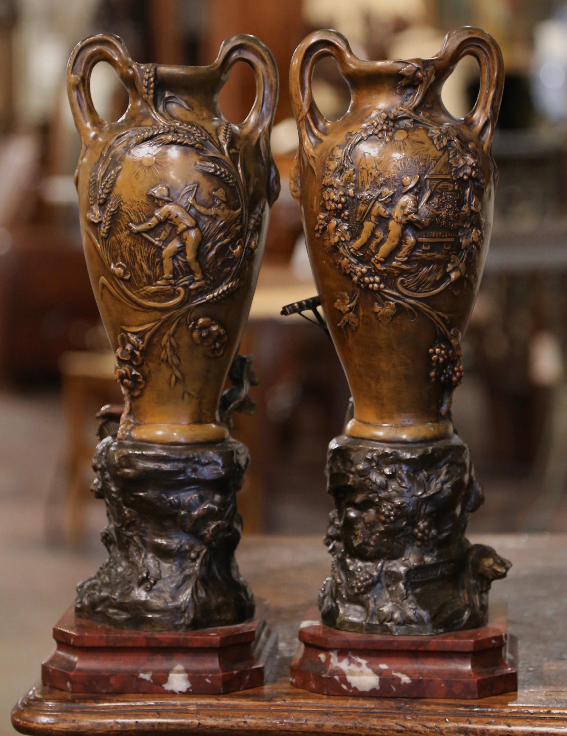 Pair 19th Century French Verdigris Spelter Vases on Marble Bases Signed Moreau For Sale 6