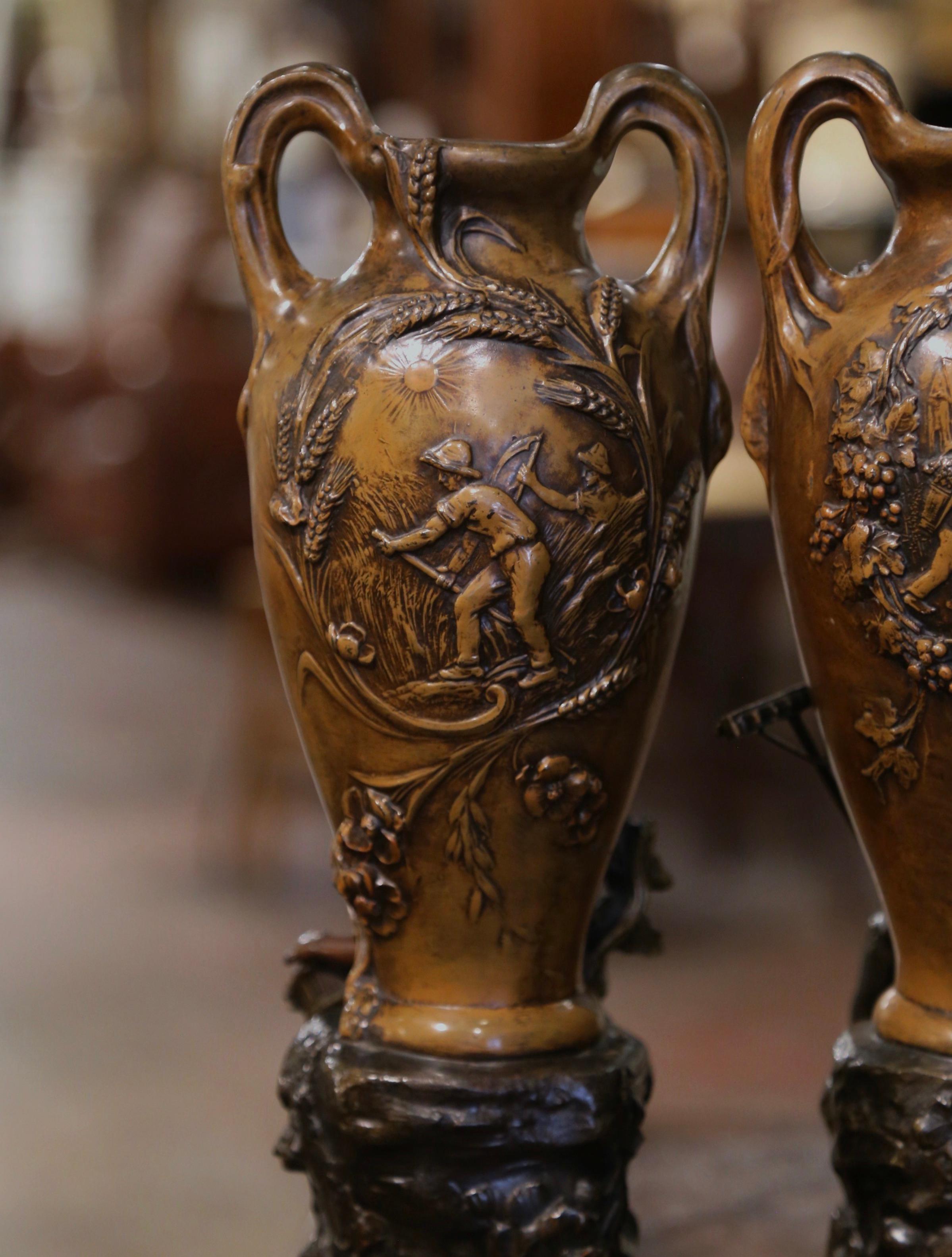 Pair 19th Century French Verdigris Spelter Vases on Marble Bases Signed Moreau For Sale 7