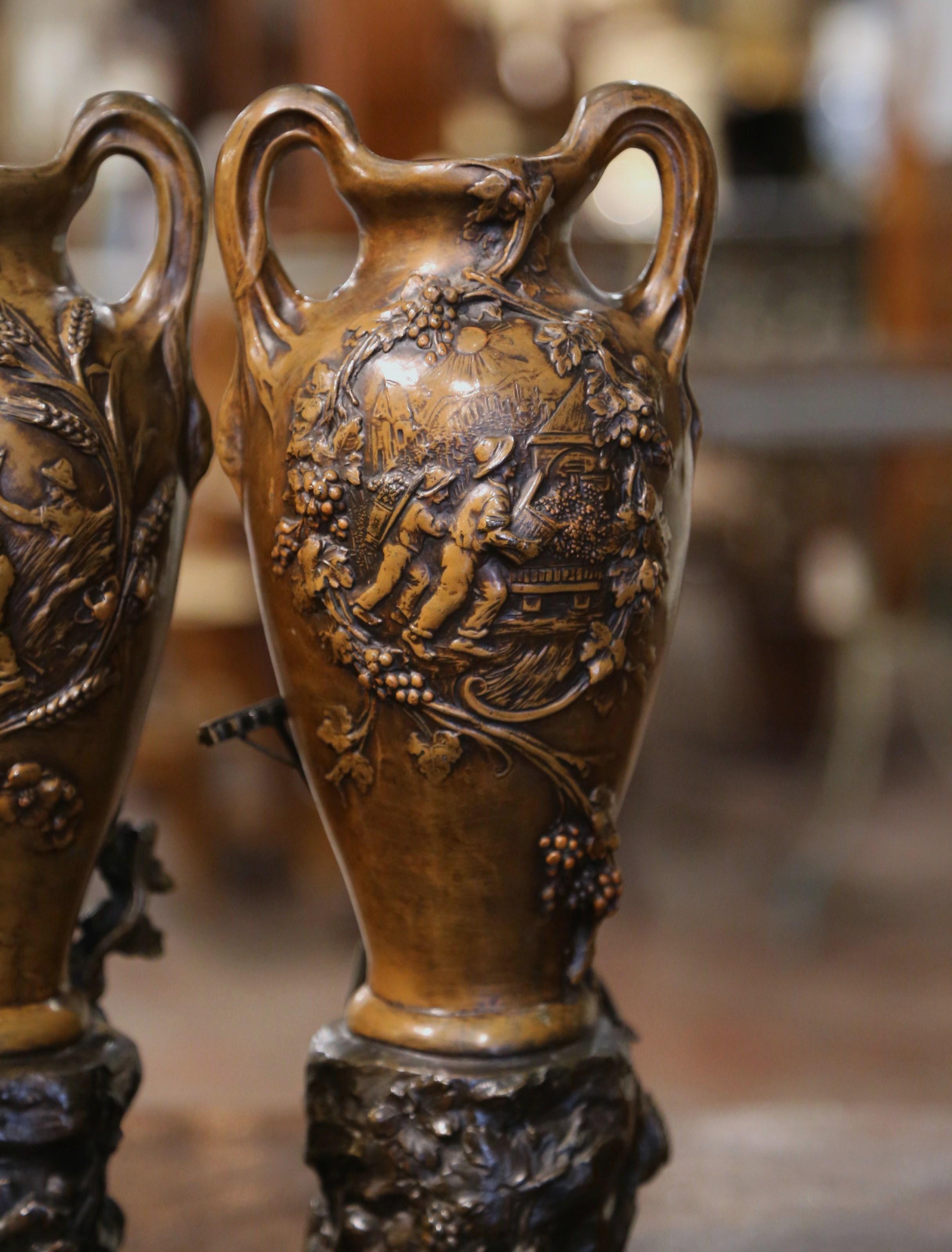 Pair 19th Century French Verdigris Spelter Vases on Marble Bases Signed Moreau For Sale 8