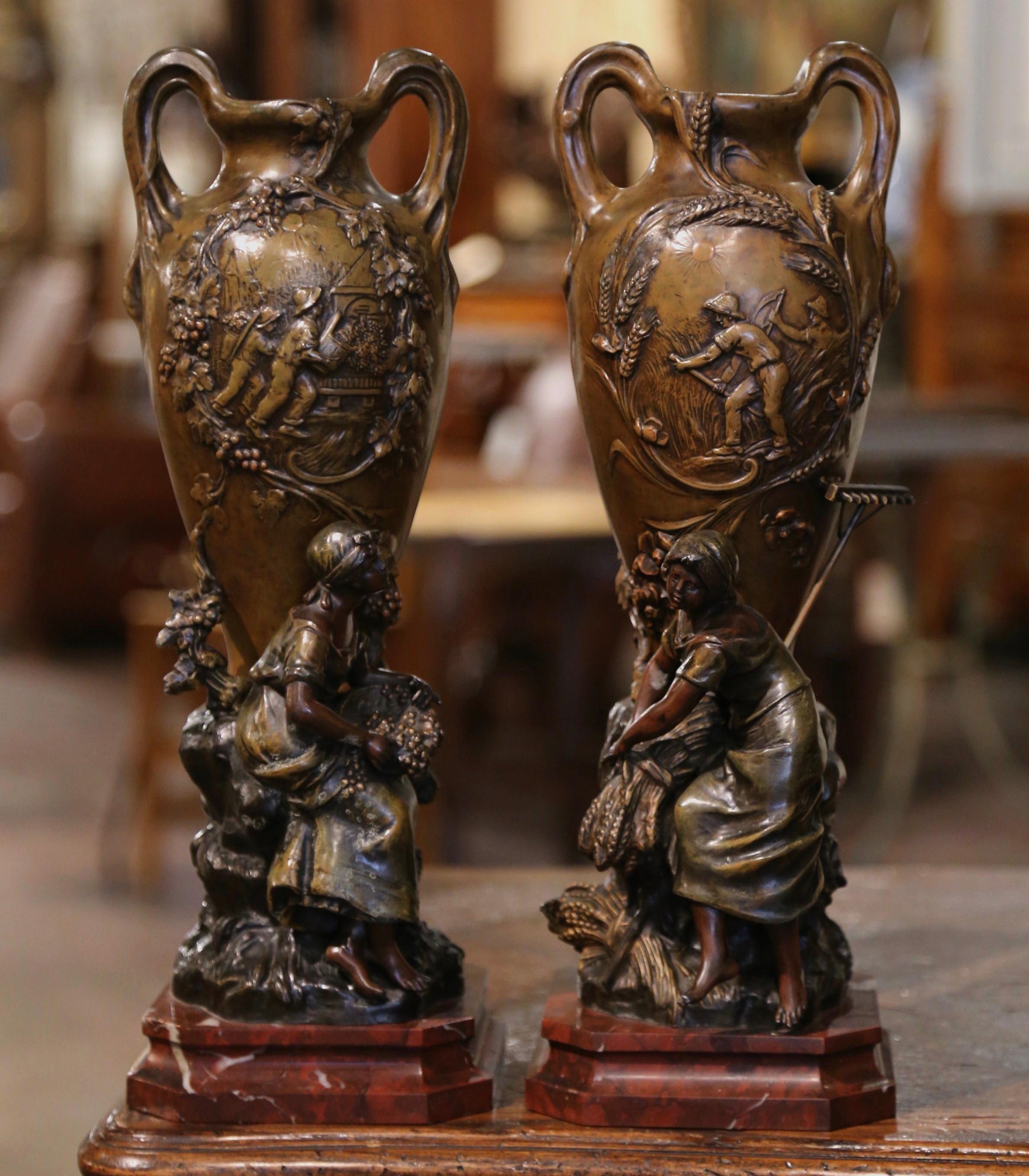 Pair 19th Century French Verdigris Spelter Vases on Marble Bases Signed Moreau For Sale 1