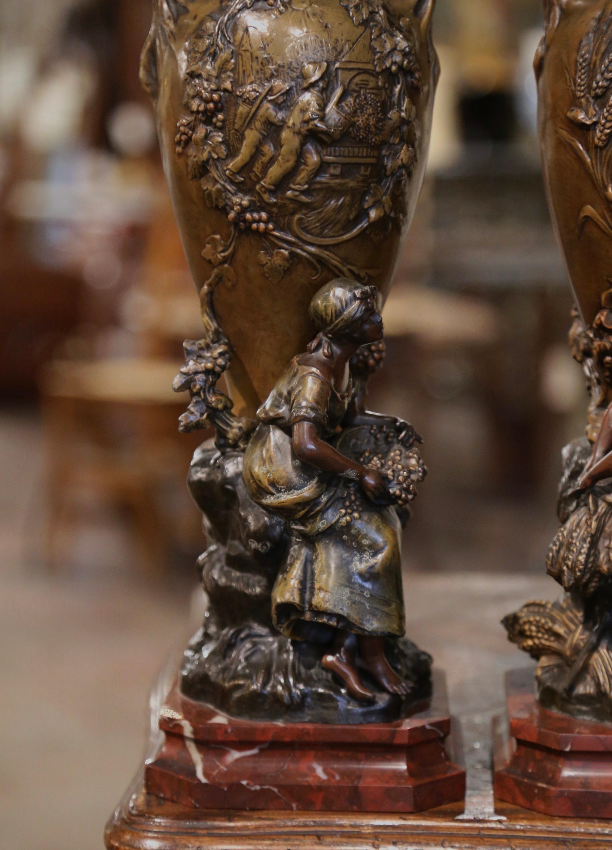 Pair 19th Century French Verdigris Spelter Vases on Marble Bases Signed Moreau For Sale 2