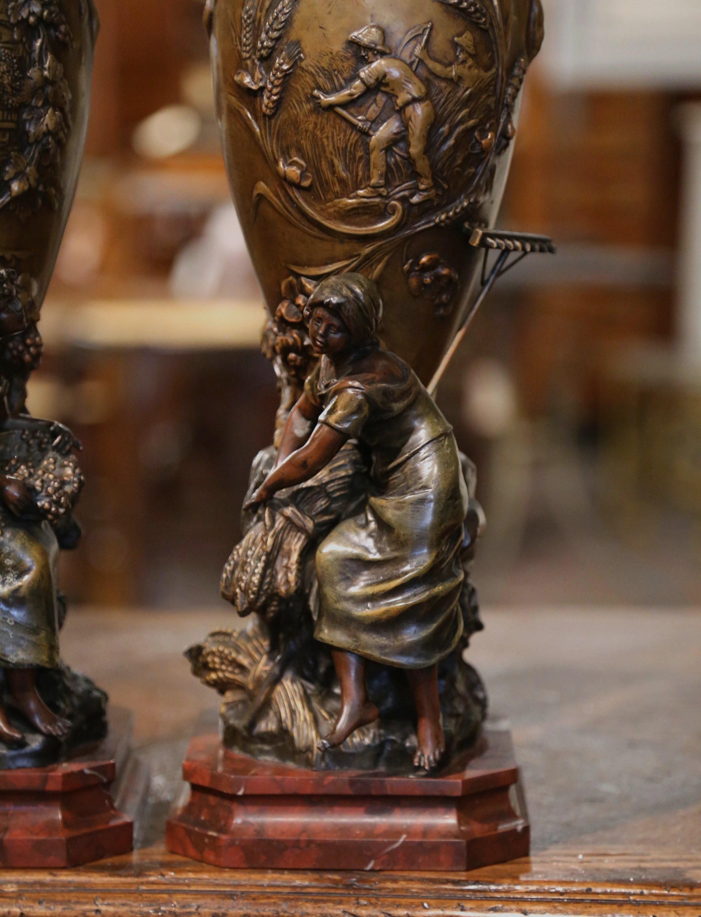 Pair 19th Century French Verdigris Spelter Vases on Marble Bases Signed Moreau For Sale 3