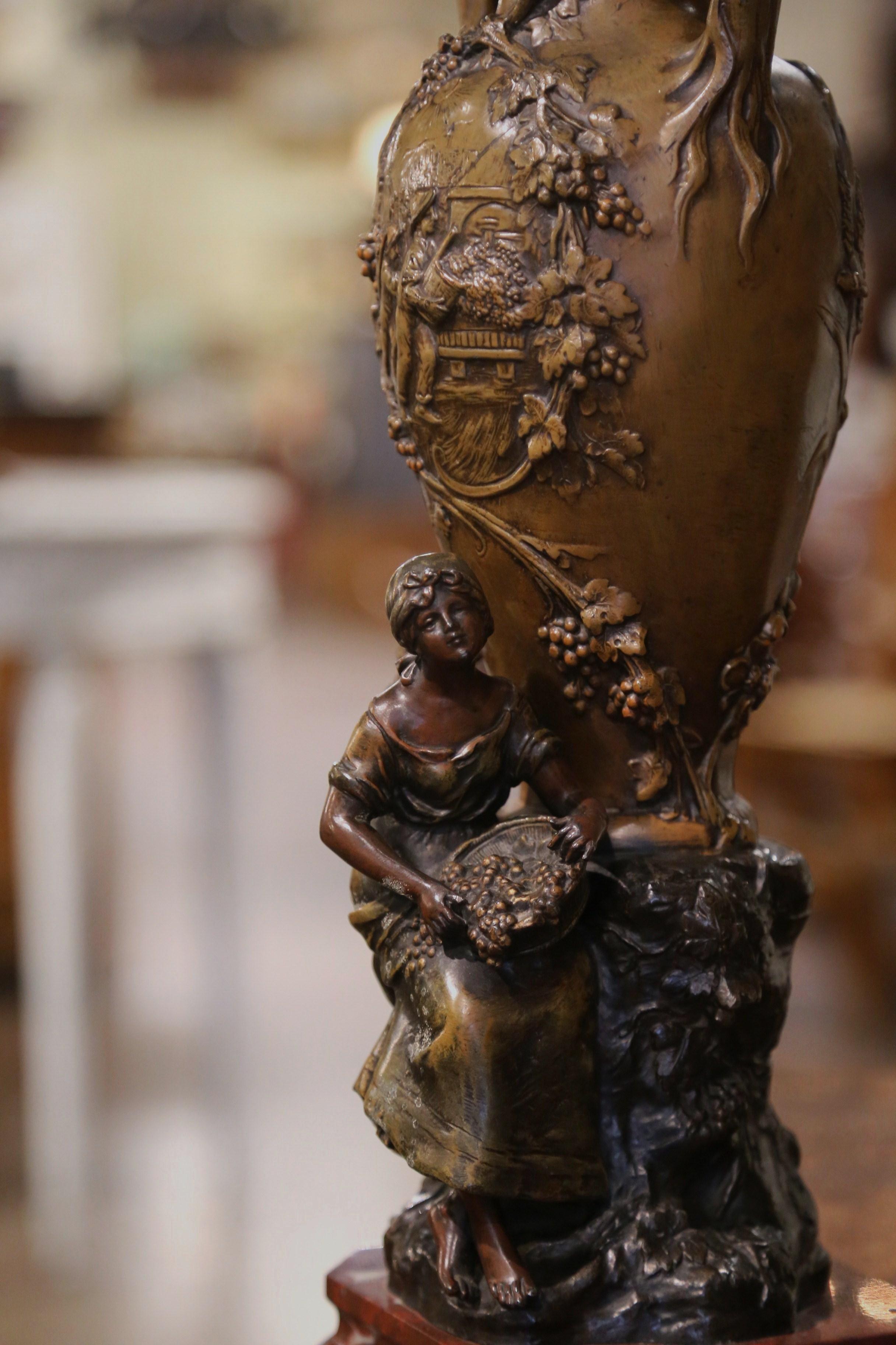 Pair 19th Century French Verdigris Spelter Vases on Marble Bases Signed Moreau For Sale 4