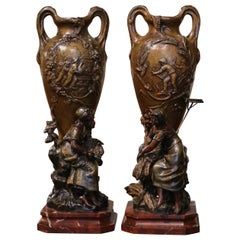 Pair 19th Century French Verdigris Spelter Vases on Marble Bases Signed Moreau