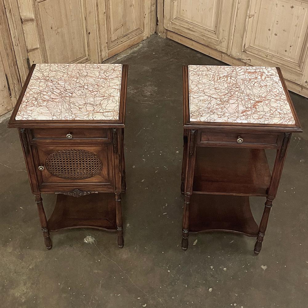 Marble Pair 19th Century French Walnut Neoclassical Nightstands, ca. 1890