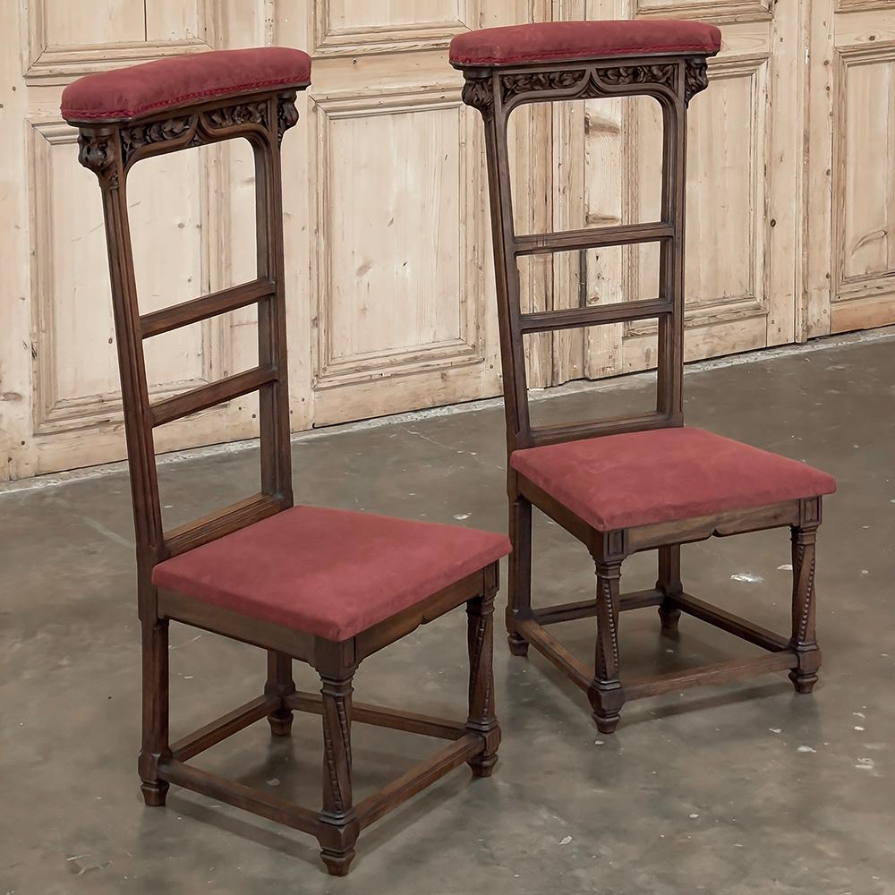 Pair 19th Century French Walnut Neogothic Prayer Kneelers are an interesting design, with timeless styling that dates back almost a thousand years, yet with a lightweight structure that makes them easy to move about the home.  Fine walnut was