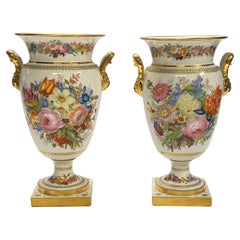 Antique Pair 19th Century French White Porcelain Vases with Hand-Painted Floral Reserves
