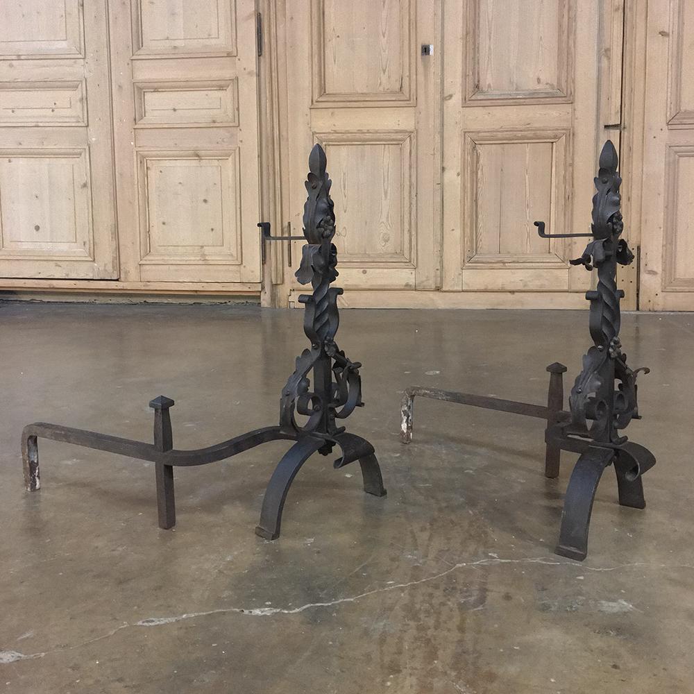 French Provincial Pair 19th Century French Wrought Iron Andirons