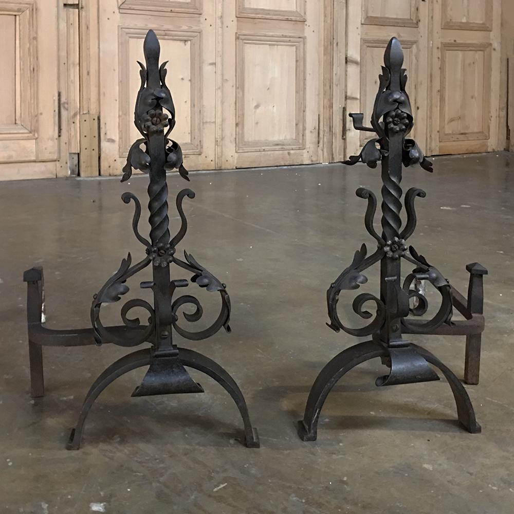 Hand-Crafted Pair 19th Century French Wrought Iron Andirons