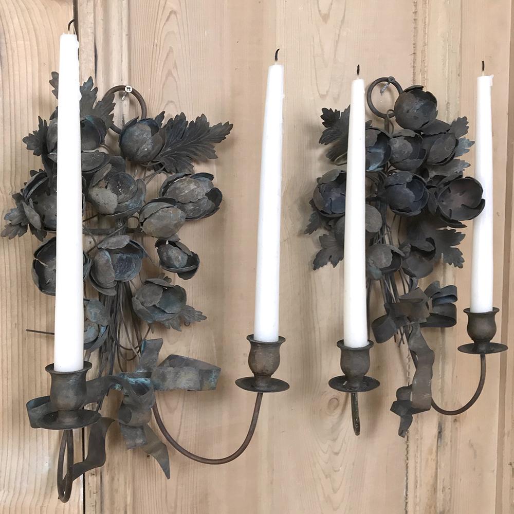 Romantic Pair 19th Century French Wrought Iron Wall Sconces