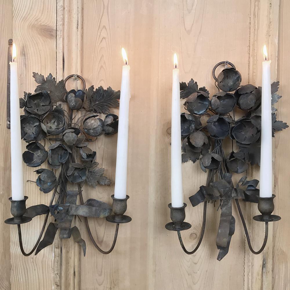 Hand-Crafted Pair 19th Century French Wrought Iron Wall Sconces