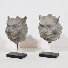 Pair 19th Century, French Zinc Mythical Lion- Wolf Head Fragments