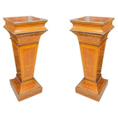 Pareja de pedestales de madera de frutal y bronce del siglo XIX con incrustaciones de marquetería