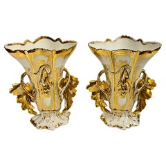 Pair 19th Century Gilded White Glazed French Paris Porcelain Vases
