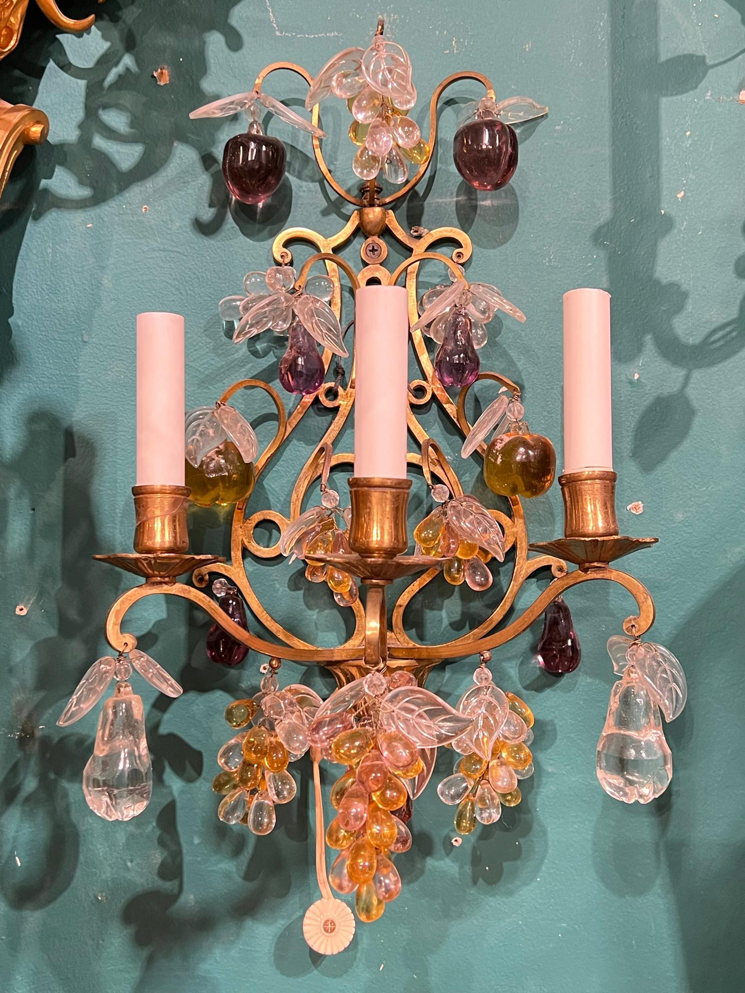 Pair 19th Century Gilt Bronze 3-Light Sconces with Fruit Shaped Glass Pendants For Sale 6