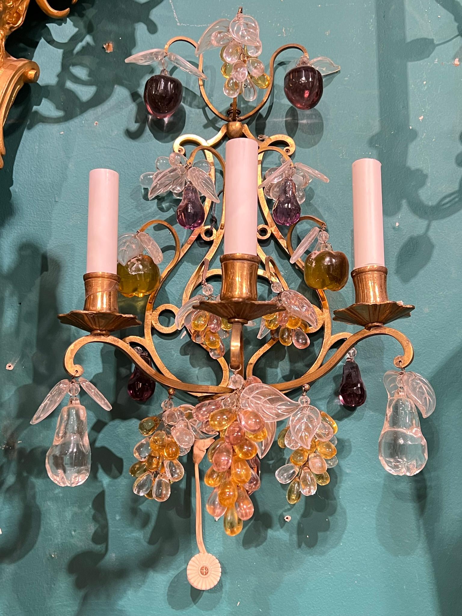 Pair 19th Century Gilt Bronze 3-Light Sconces with Fruit Shaped Glass Pendants For Sale 7