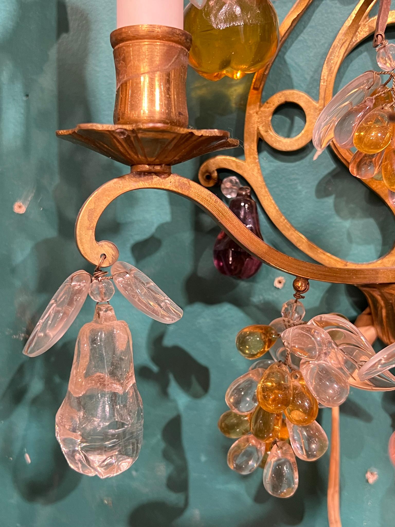 Pair 19th Century Gilt Bronze 3-Light Sconces with Fruit Shaped Glass Pendants For Sale 2