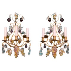 Pair 19th Century Gilt Bronze 3-Light Sconces with Fruit Shaped Glass Pendants