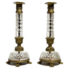 Pair 19th Century Gilt Bronze and Cut Glass Candlesticks in Empire Style