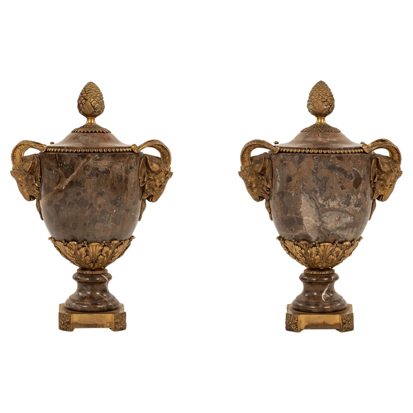 Pair 19th Century Gilt Bronze Marble Urns by Maison Mottheau For Sale
