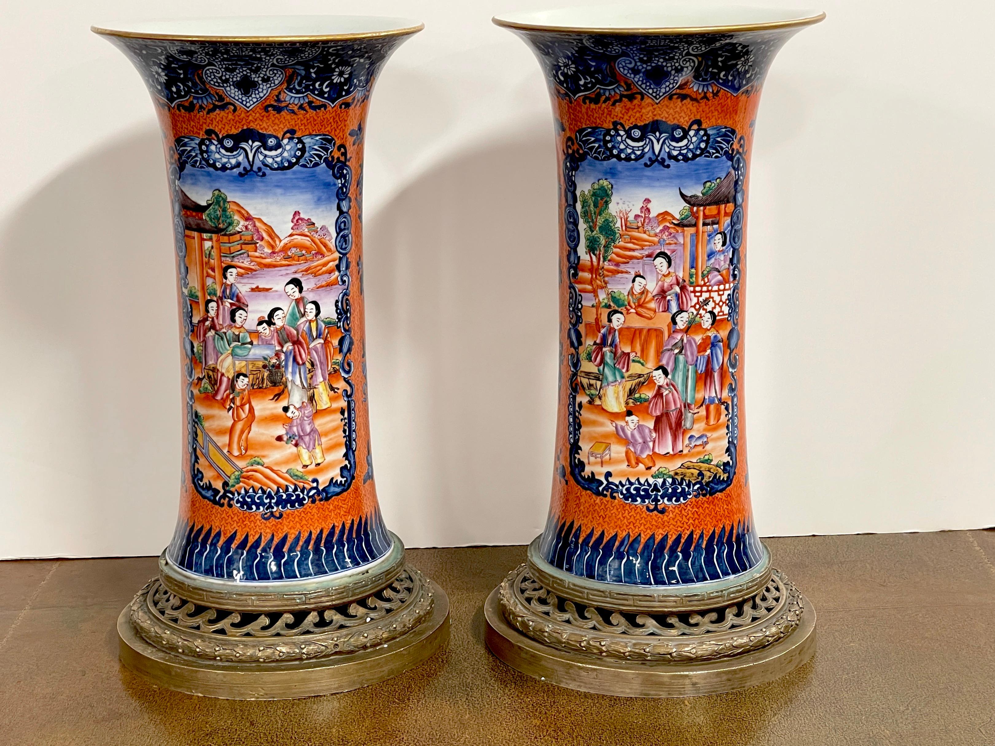 Pair of Gilt Bronze Mounted Chinese Export Iron Red Mandarin Vases In Good Condition In West Palm Beach, FL