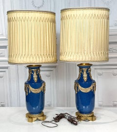 Pair 19th Century Gilt Bronze Mounted Eggshell Blue Glazed Porcelain Table Lamps
