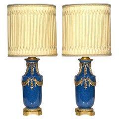 Pair 19th Century Gilt Bronze Mounted Eggshell Blue Glazed Porcelain Table Lamps