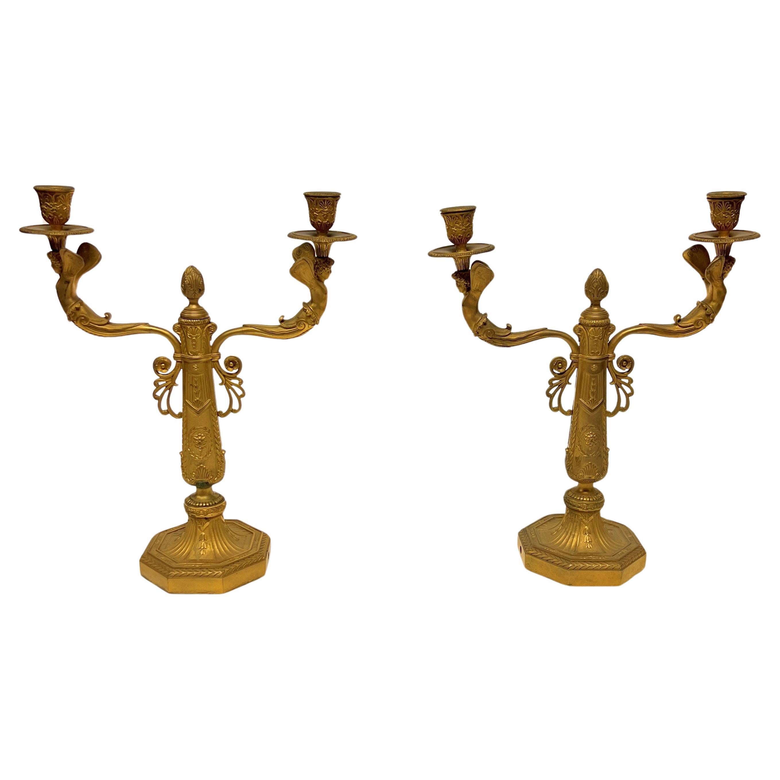 Pair 19th Century Gilt Bronze Two-Light Candelabra in Empire Style