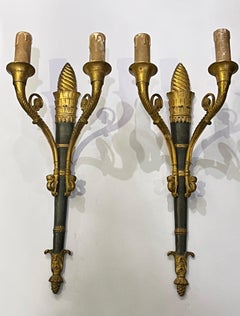 Pair 19th Century Gilt Patinated Bronze Torch Form 2-Light Sconces / Wall Lights