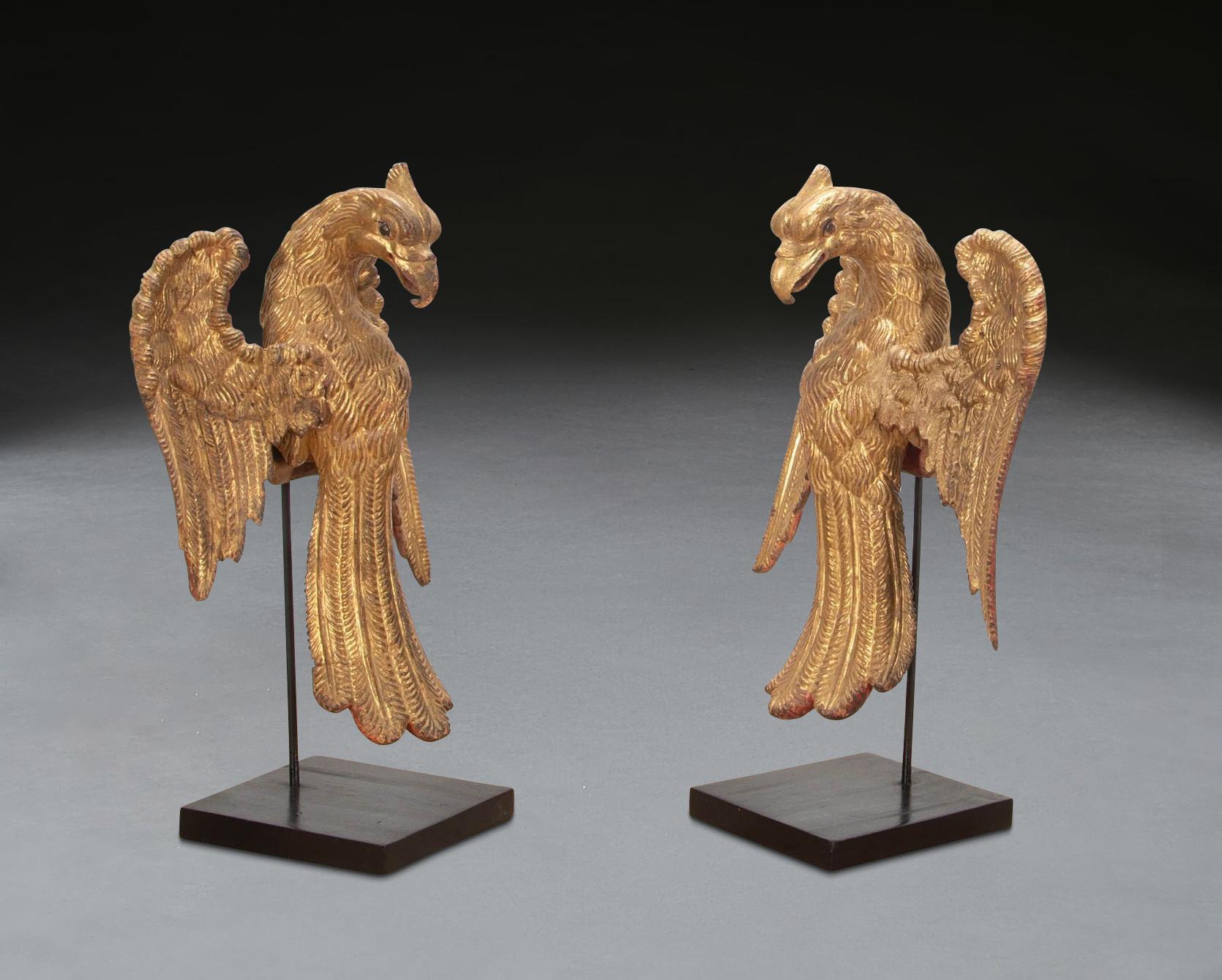A rare pair of 19th Century carved giltwood elements of eagles with widespread wings, Indian, circa 1840. Artfully displayed on contemporary ebonised stands. Historic repair to one wing.

H: 41 cm (16 1/8