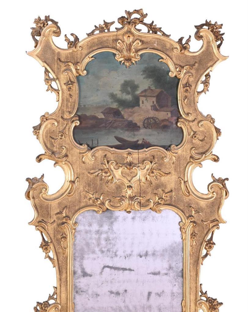 Neoclassical Pair 19th Century Giltwood Trumeau Pier Mirrors With Period Compartmental Plates For Sale