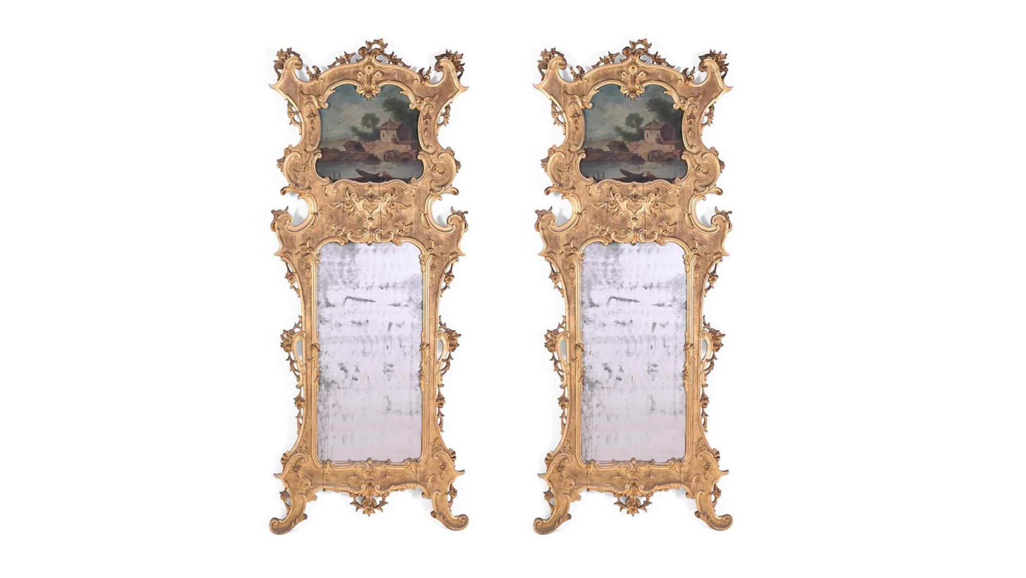 Irish Pair 19th Century Giltwood Trumeau Pier Mirrors With Period Compartmental Plates For Sale