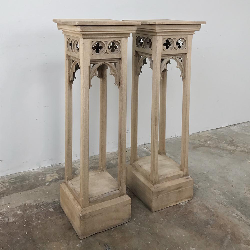 Gothic Revival Pair of 19th Century Gothic Stripped Oak Pedestals