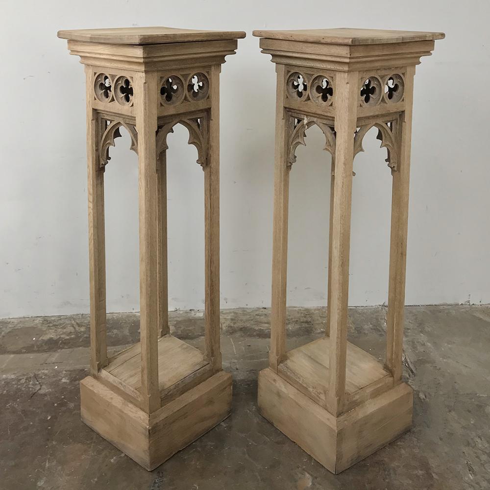 French Pair of 19th Century Gothic Stripped Oak Pedestals