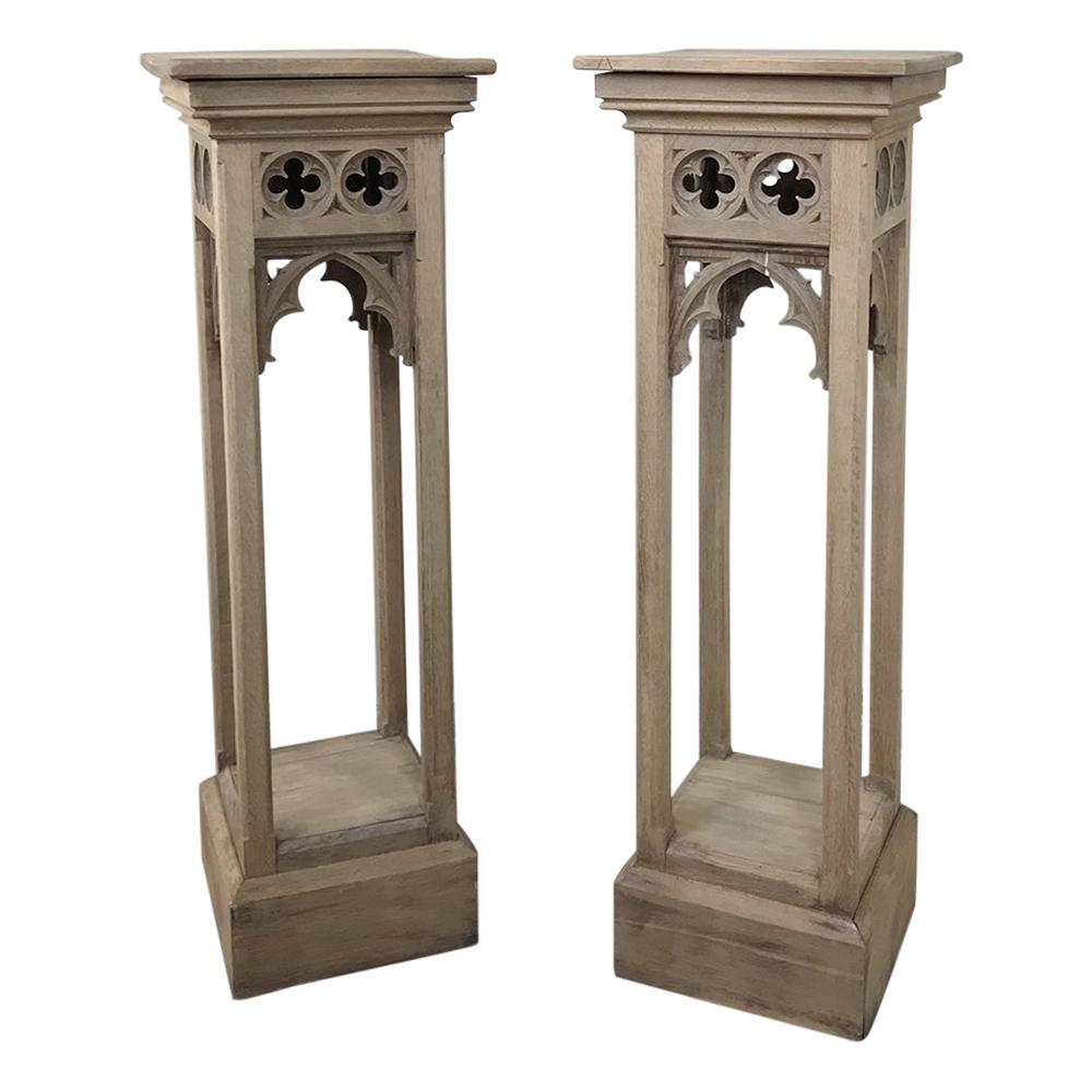 Pair of 19th Century Gothic Stripped Oak Pedestals