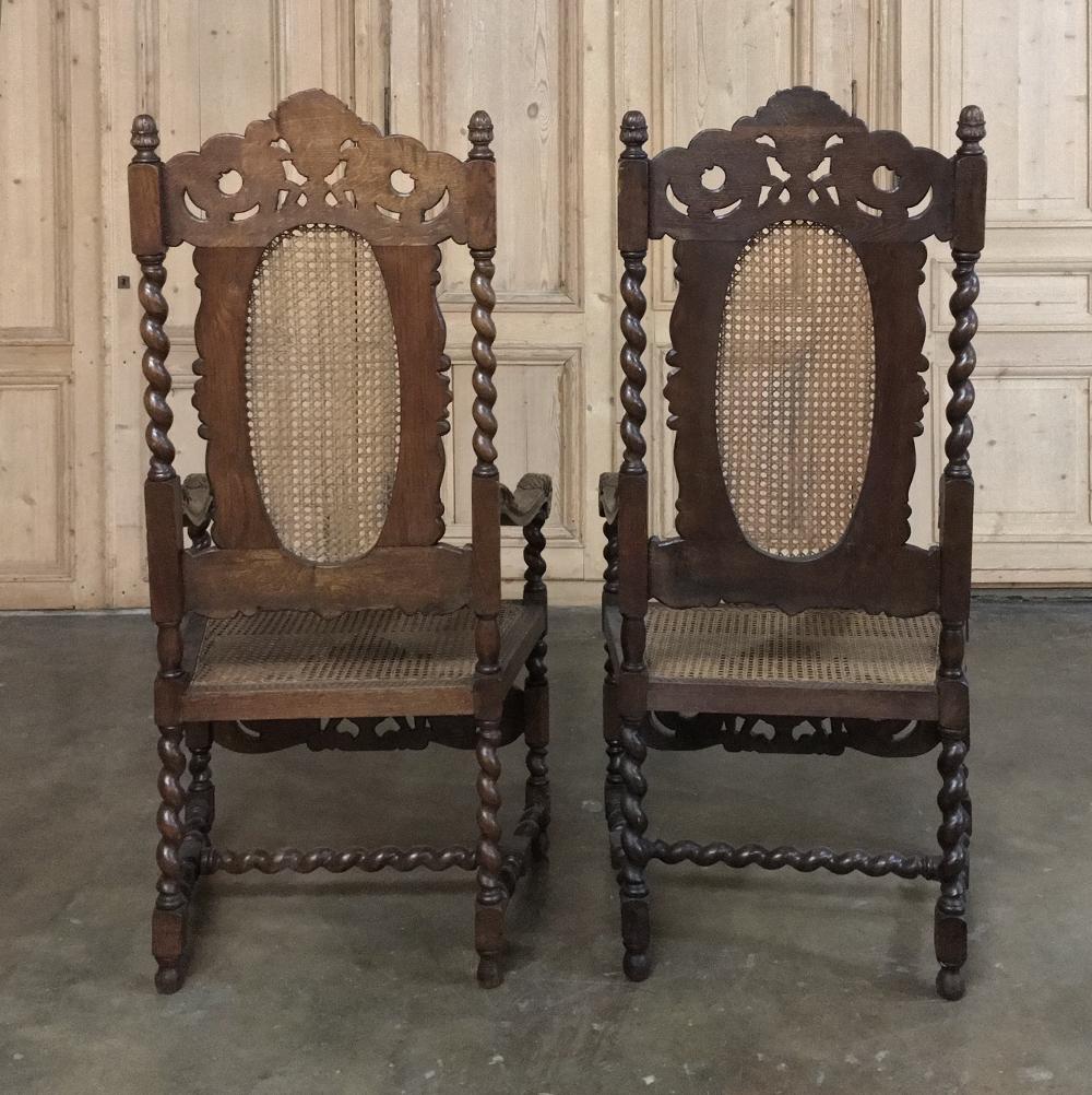 Pair 19th Century Grand Renaissance Hand Carved Oak & Caned Armchairs For Sale 4
