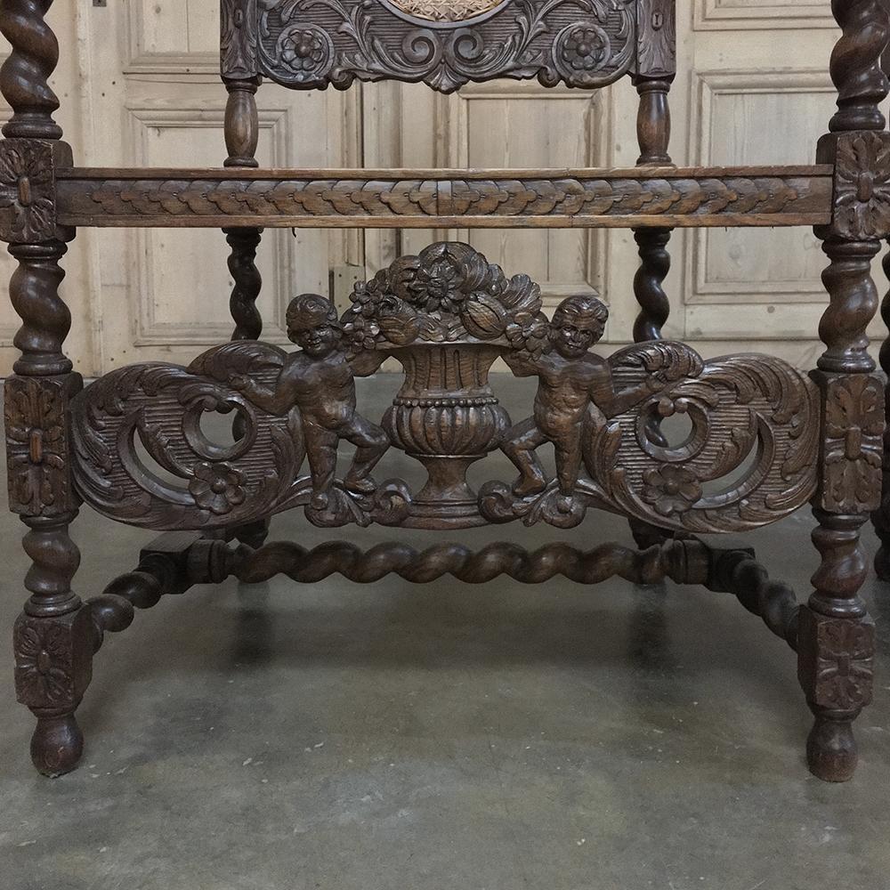 Hand-Carved Pair 19th Century Grand Renaissance Hand Carved Oak & Caned Armchairs For Sale