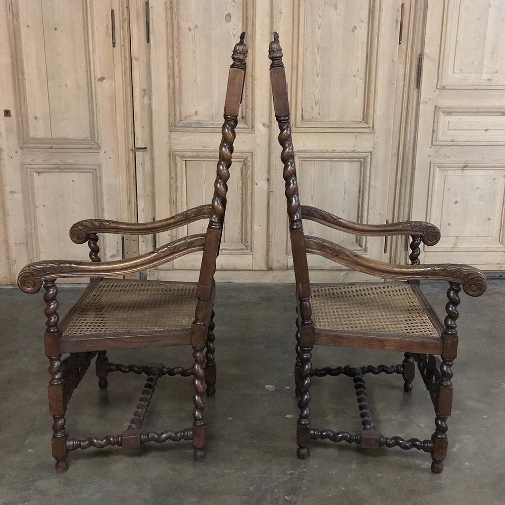 Pair 19th Century Grand Renaissance Hand Carved Oak & Caned Armchairs In Good Condition For Sale In Dallas, TX